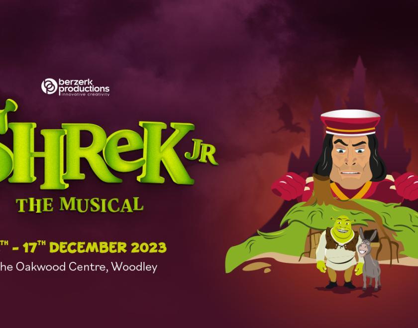 Lord Farquaad towering over shrek & donkey standing outside their swamp