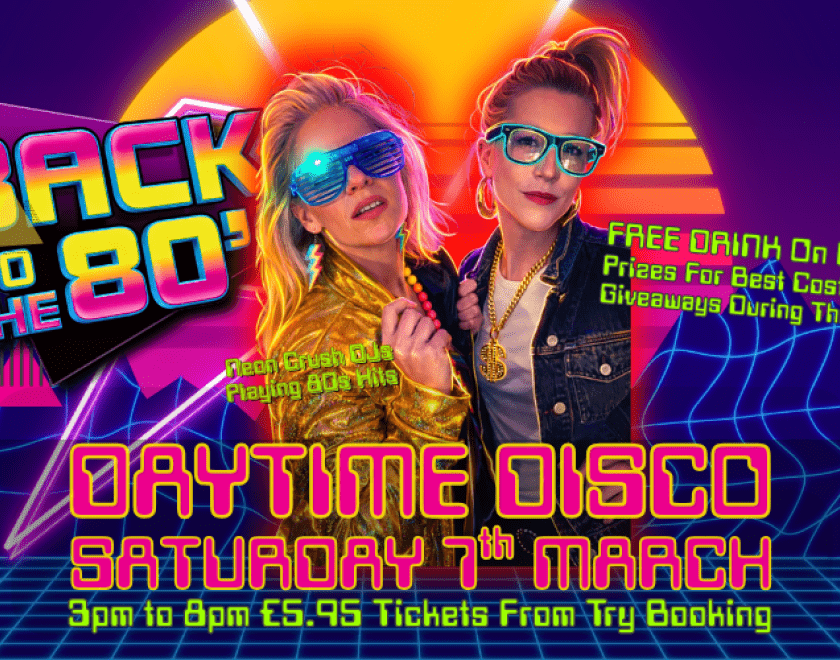 DJ duo 'Neon Crush' take you 'Back To The 80s' with a daytime disco that will get you footloose and walking like an Egyptian.  Classic floorfillers from the decade will give you electric dreams and make you hungry like the wolf.  The Purple Turtle will transform into Club Tropicana where, yes, the first drink is free!  Five hours of ghostbustin', jam pumpin', crowd stompin' 80s bangers delivered by two girls who will turn Reading into Funky Town.  - Price includes Free Drink on Entry  - Prizes for Best Cost