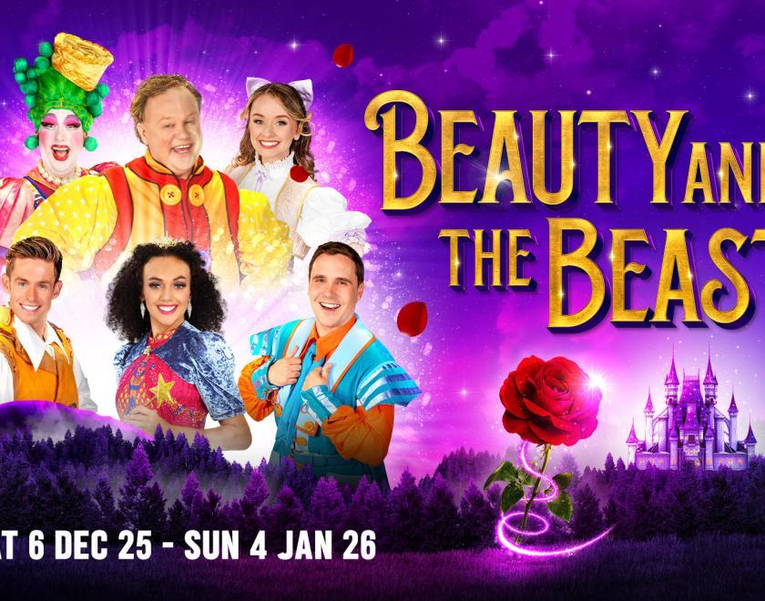 Panto 2025 at The Hexagon - Beauty and the Beast. Justin Fletcher, Paul Morse, Samantha Dorrance