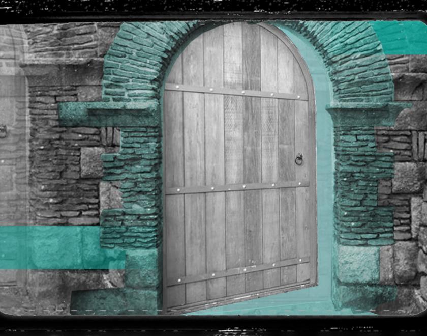 Promotional artwork for 'Behind Closed Doors' featuring a black and white photo of a large wooden door in a stone building, slightly ajar, with blue shapes digitally overlaid onto it. A celluloid film frame has also been overlaid onto the image to make it look cinematic.