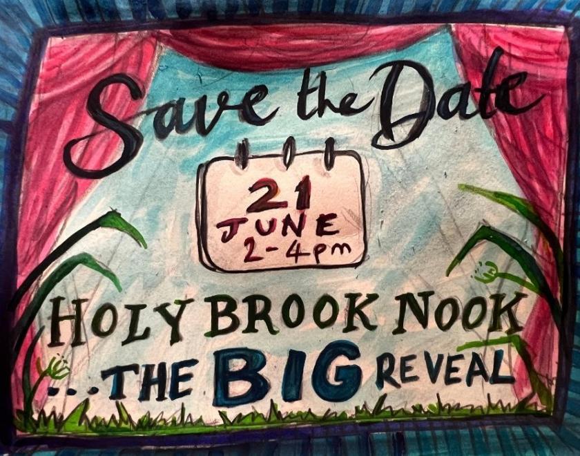  A painted image of red curtains saying Save The Date Holy Brrok Nook Big reveal