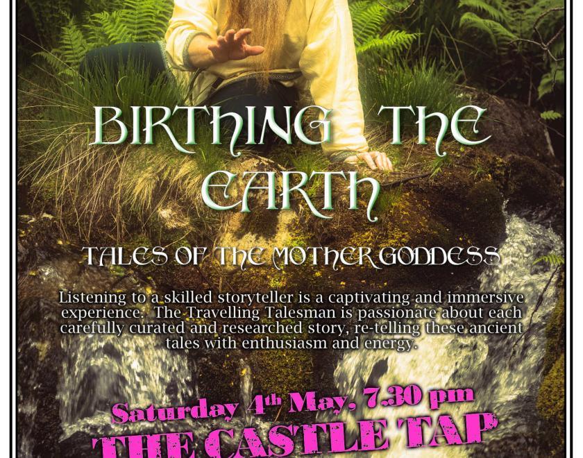 Colour poster showing the long haired, grey bearded storyteller kneeling in a clump of ferns at the side of a rushing stream