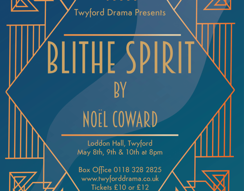 Blithe Spirit poster in blue and gold art deco style