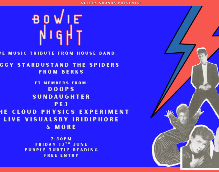 ⚡️Bowie Night is coming⚡️  Join us on the 13th of June at @purpleturtlereading for an action-packed evening paying homage to the Starman himself.  For one night only house band ‘Ziggy Stardust & the Spiders From Berks’ will bring you a hit after hit set from throughout the years.  Featuring members from: @pejband @sundaughterband @doopsband & more  + Live visuals by @iridiphore + Skeeta Sounds DJs + More to be announced soon  7:30pm Friday 13th June | Purple Turtle Reading | Free Entry
