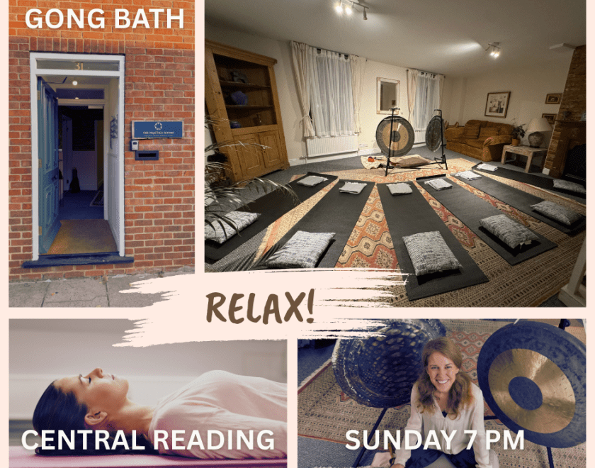 Image showing venue entrance, mat and instruments set up, a relaxed participant and Dr. Rebeca with the gongs