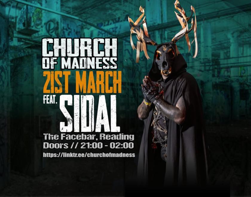 Poster with a photo of DJ SIDAL wearing a mask designed to look like an animal skull with antlers