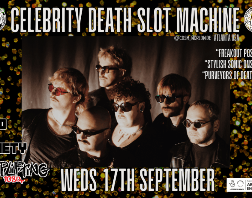 CSDM a.k.a. Celebrity Death Slot Machine is a “freakout post-punk group” (FLOOD Magazine) based in Atlanta, GA. Their stylish sonic onslaught is anchored around dancey rhythms, atypical synthesizer work, timely saxophone growls, as well as goth rock-esque melodies that serve to recount bizarre humor-laden tales from a derelict parallel universe.  Since forming in 2021, the band has toured North America and Europe, sharing the stage with likes of The KVB, Bodega, Sheer Mag, Iceage, and Model/Actriz, while al