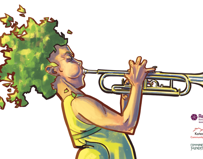 Drawing of Kate the wood nymph playing a trumpet
