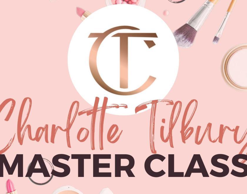 The words Charlotte Tilbury Masterclass, and their logo, in front of a pink background, with images on makeup around it such as brushes and powder.