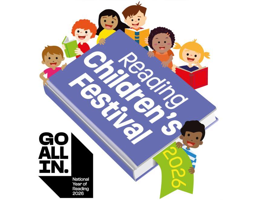 Reading Children's Festival 2026 logo with cartoon children around a giant book