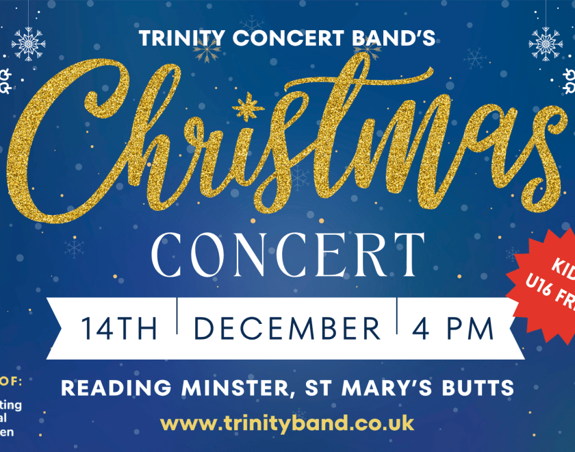 Blue snowy background with Christmas Concert as the main title. White snowflakes in the top corners.