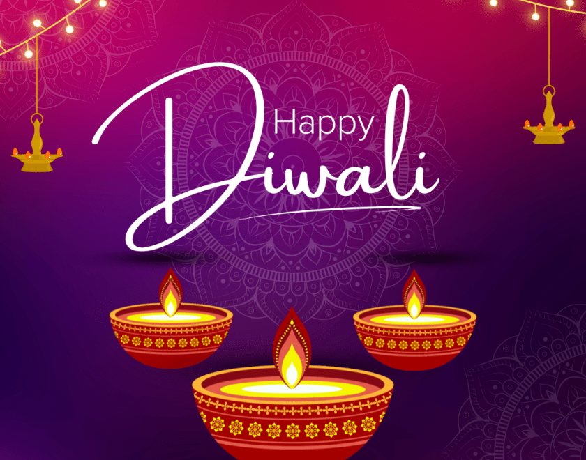 Pink and purple background with Diwali theme. Three Diya candles in the middle and 'Happy Diwali' text in the centre.