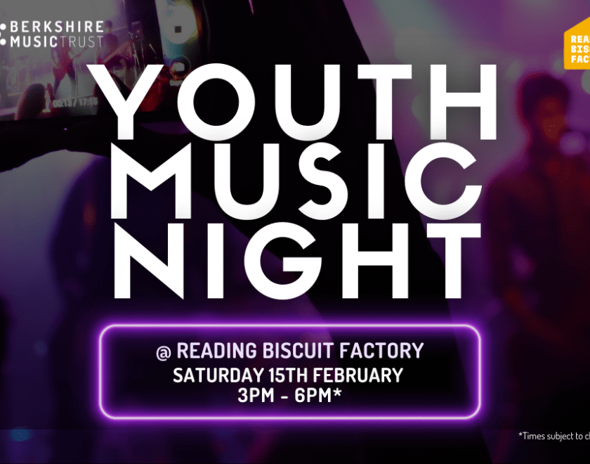 Advertisement image for Youth Music Night at Reading Biscuit Factory with photo of a band playing in background