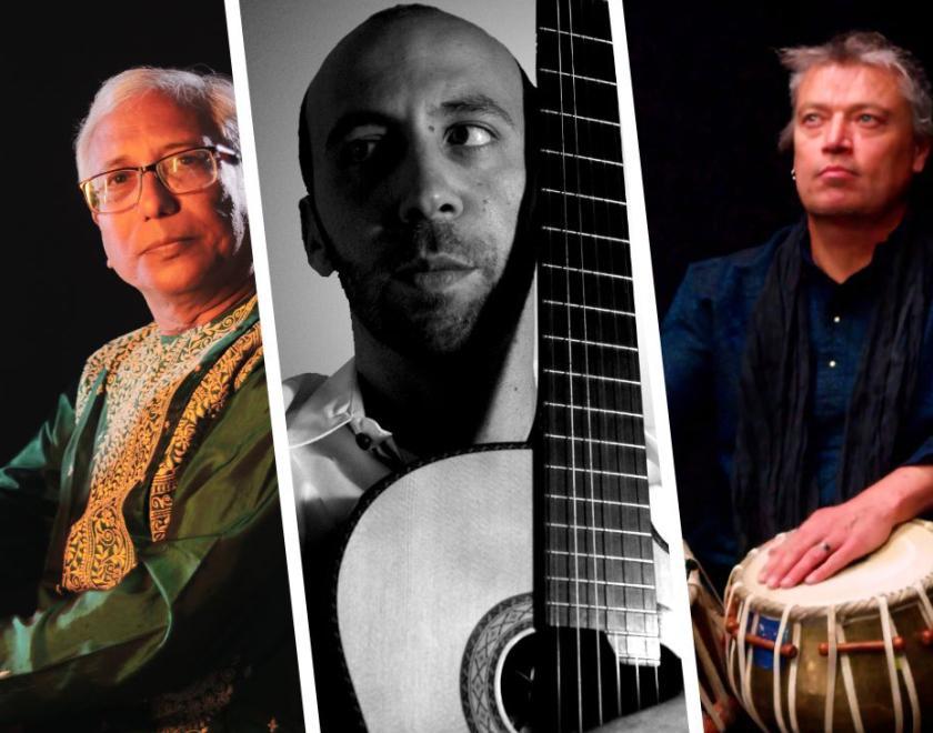 Indian Slide Guitar maestro Pandit Debasis Chakroborty, visiting from Agra, India; guitarist Giuliano Moderalli from the UK; and Sam Evans on Tabla from Australia.