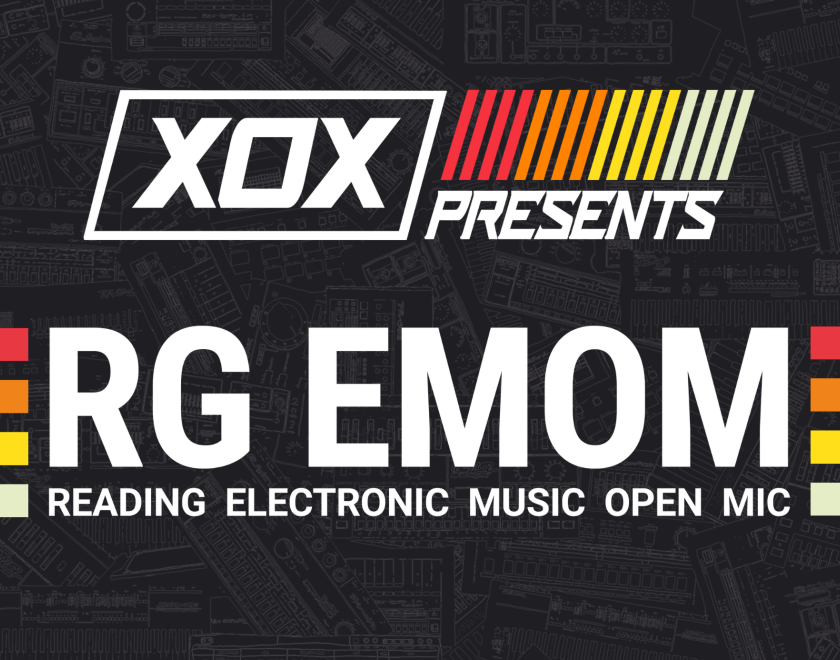 Red Orange Yellow and White XOX Logo with text reading "RG EMOM Reading Electronic Music Open Mic)