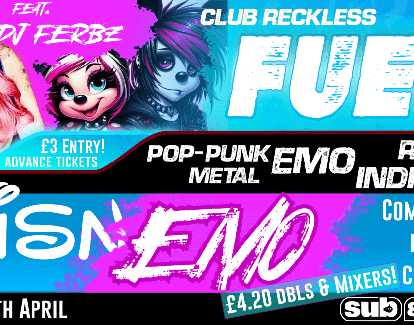 pink and blue poster with disney and emo imagery
