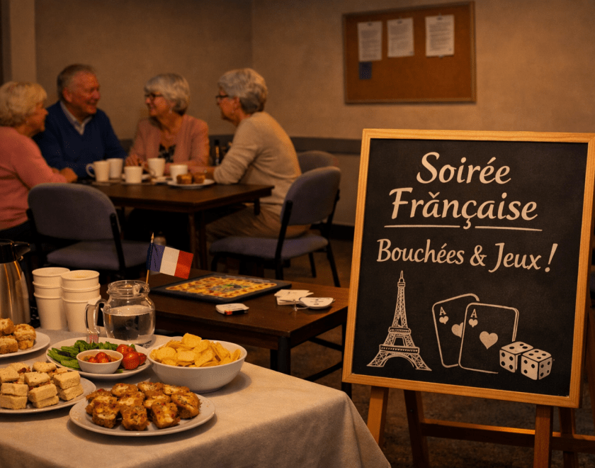 AI artwork of a group of people sitting in a restaurant. A chalkboard reads "Soiree Francaise!"