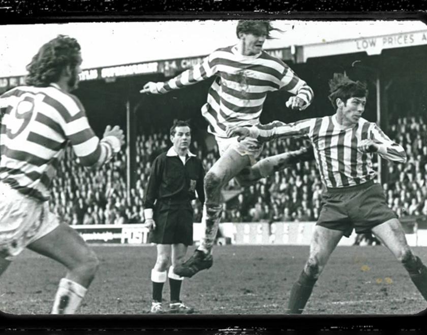 Black and white photo of a 1970s Reading FC football match, with an old fashioned celluloid film frame overlaid onto it