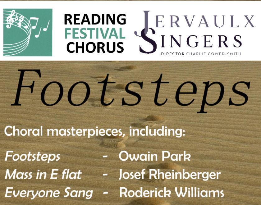 Concert poster with details of the event over an image of footprints in the sand