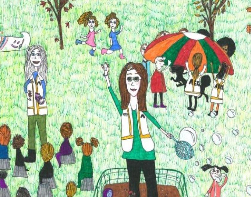 Drawing of families in the MERL garden
