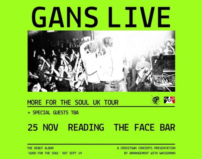 Poster for GANS LIVE, with a black and white image of the band on stage against a green background