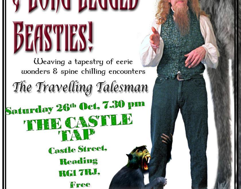 Poster with lots of information included below. On the right hand side a gentleman with long ginger hair and beard wearing a black and green waistcoat looks up towards the partially obscured figure of a giant wolf while his leg is clutched by a demonic monkey