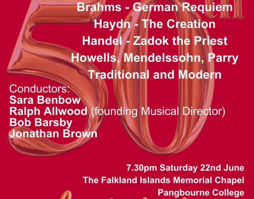 Poster for Pangbourne Choral Society 50th Gala Concert with information about the event and a big gold 50 on a red background