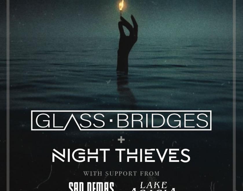 Poster for Glass Bridges gig with a hand reaching out of water