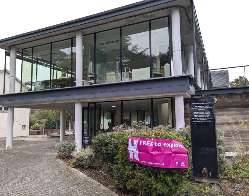 Exterior of the Royal Berkshire Archives building with a Heritage Open Days sign