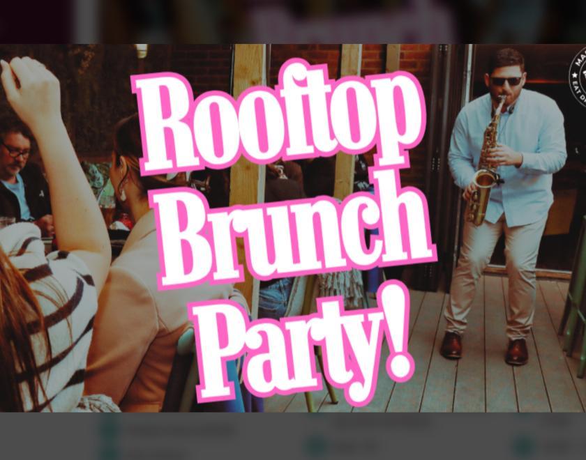 People enjoying a rooftop brunch at Market House Reading with live saxophone music. Bold text reads “Rooftop Brunch Party!”