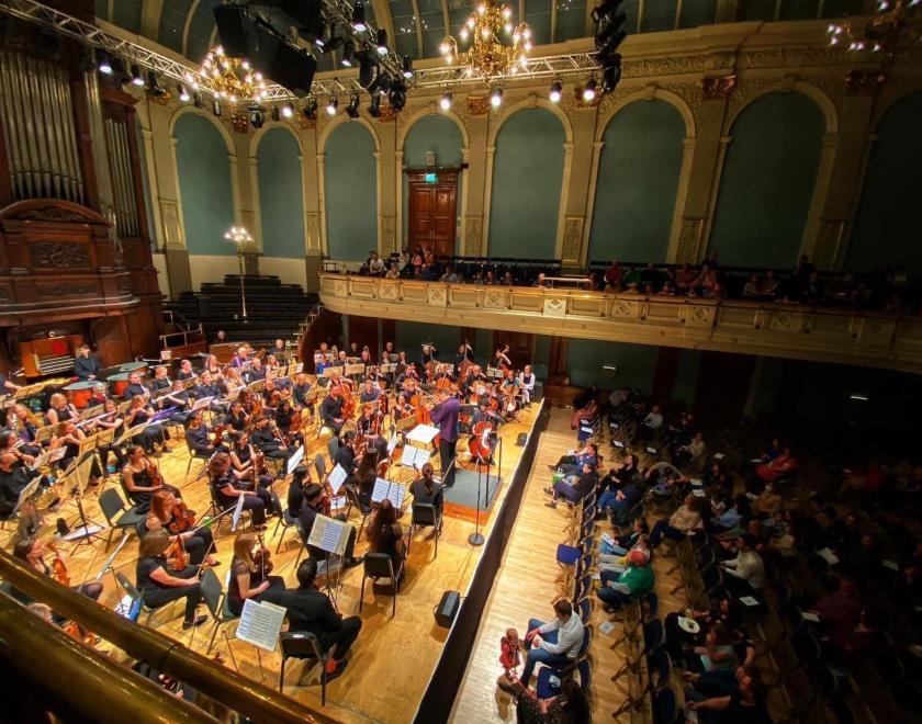 An image of the orchestra playing in Town Hall, Reading