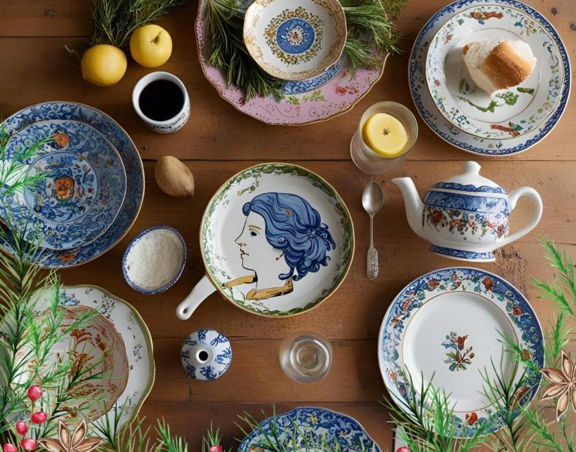 Ceramic plates and food on a table