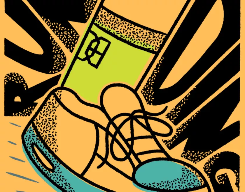 drawing of a foot in a running shoe and a Double-Barrelled branded sock with the words "Run Ding" stylized on either side