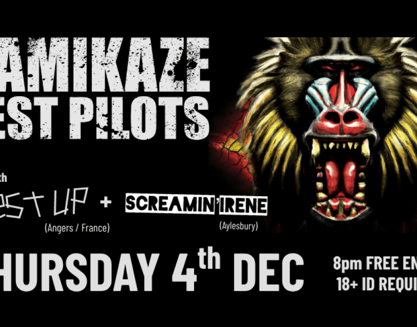 KAMIKAZE TEST PILOTS @kamikazetestpilots Genre bending, big riff, heavy, alt-rock Reading locals return to The Turtle. With Rest Up (France) @restupband Screamin Irene (Aylesbury) @screamin_irene 8pm FREE ENTRY // 18+ ID Required