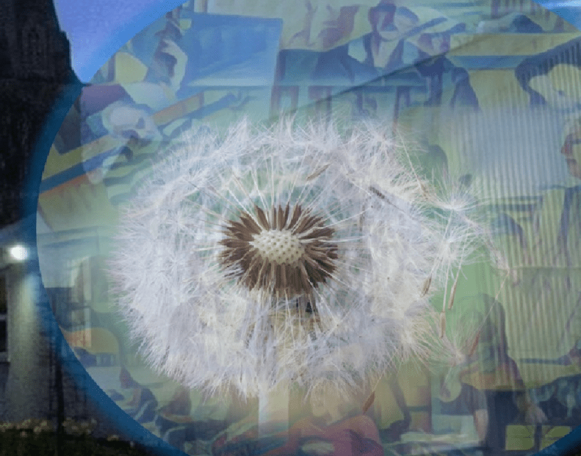 Image of a dandelion clock. In the background is Readifolk's venue, Watlington Community Hall at dusk. There are also some muted images of people singing and playing musical instruments.