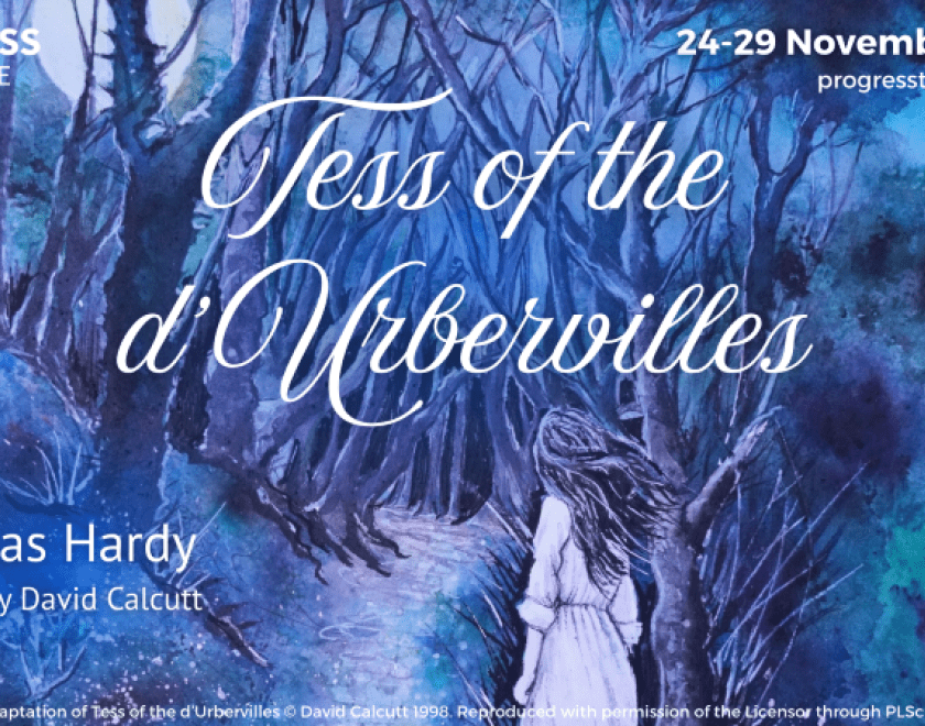 A blue-wash image of a waif-like girl walking through moody woodland with the play title written across