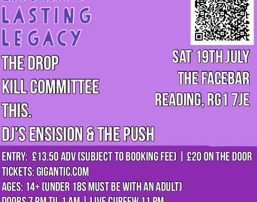 purple background poster for Laura's Lasting Legacy charity gig at the facebar. Ska band The Drop, post punk Kill Committee and This.