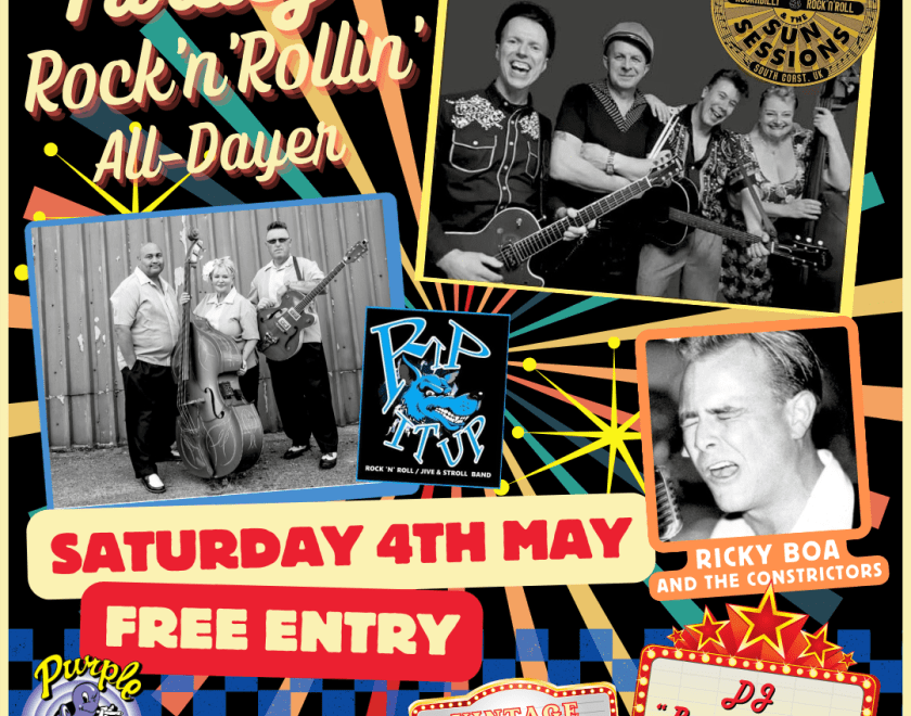 50s RocknRoll All adyer featuring Little Dave and the Sun Sessions, Rip It Up, Ricky Boa and the Constrictors and DJ Boppin' Robin