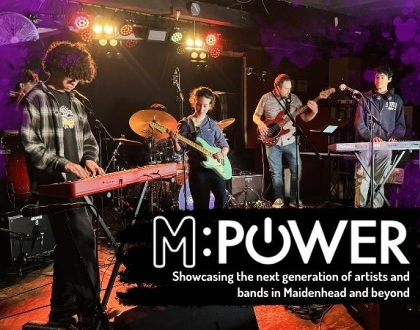 Text graphic featuring "m power - the power of music" in bold, colourful letters against a vibrant background.