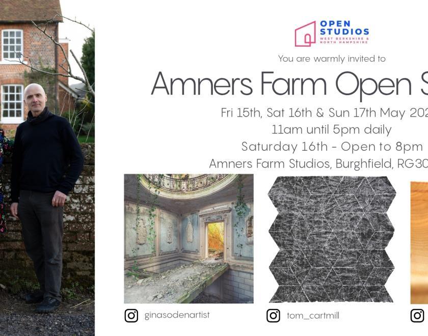 May Open Studios flyer showing the 3 artists in front of the farm house.