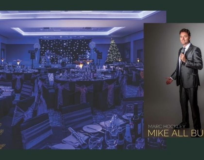 The image shows a room set up for a Christmas party and to the side of the photo there is an image of the Michael Bublé tribute artist.