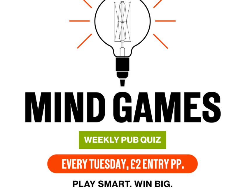 Image of a lightbulb with the text Mind Games, weekly pub quiz, every tuesdat, £2 entry pp. Play smart, win big, at brewdog Reading.