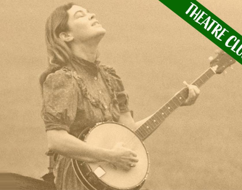 Sepia photograph of a woman playing a banjo. White text is overlaid across the top right corner of the image, reading 'Theatre Club'