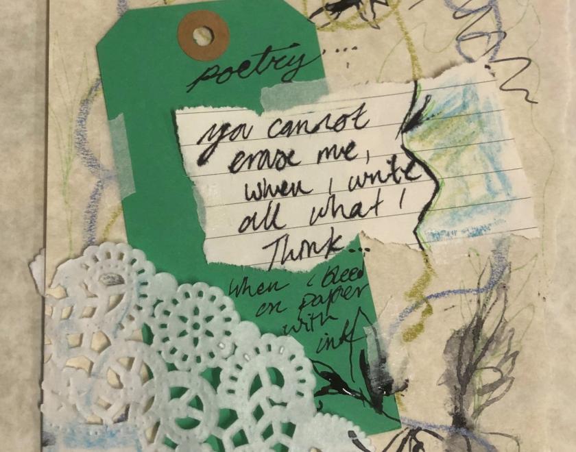Image of a scrap of lace, painted flowers and some words by James Joyce. 