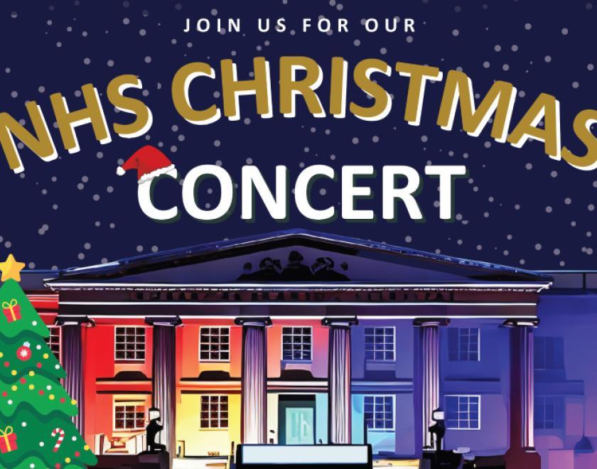 Poster for NHS Christmas Concert at Reading Minster featuring a computer rendering of the Royal Berkshire hospital lit up in various colours 