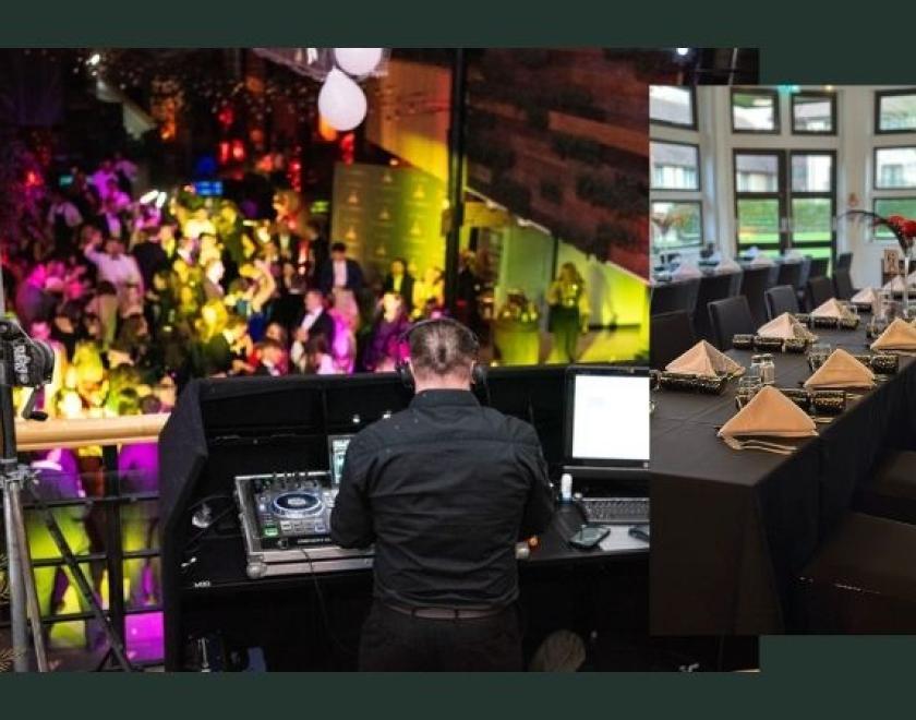 The photo shows two images. The main image shows a DJ on a platform with a crowd of people below dancing. The second, smaller image shows a table set up for the New Year's Eve Family Party.