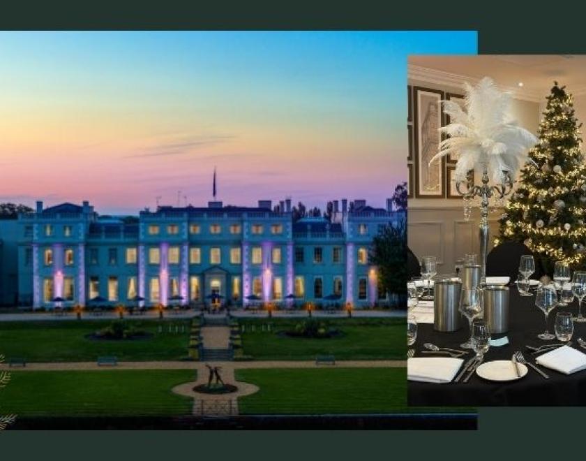 The photo shows two images. The main image shows the Mansion House and the second image shows a table set up for the Gala with a Christmas tree in the background.