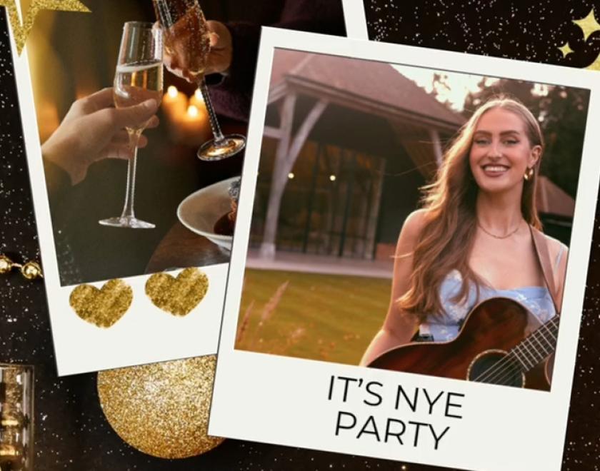 Photo of wine glasses clinking and another photo of a female singer holding a guitar, both framed to look like polaroid pictures against a black sparkly background