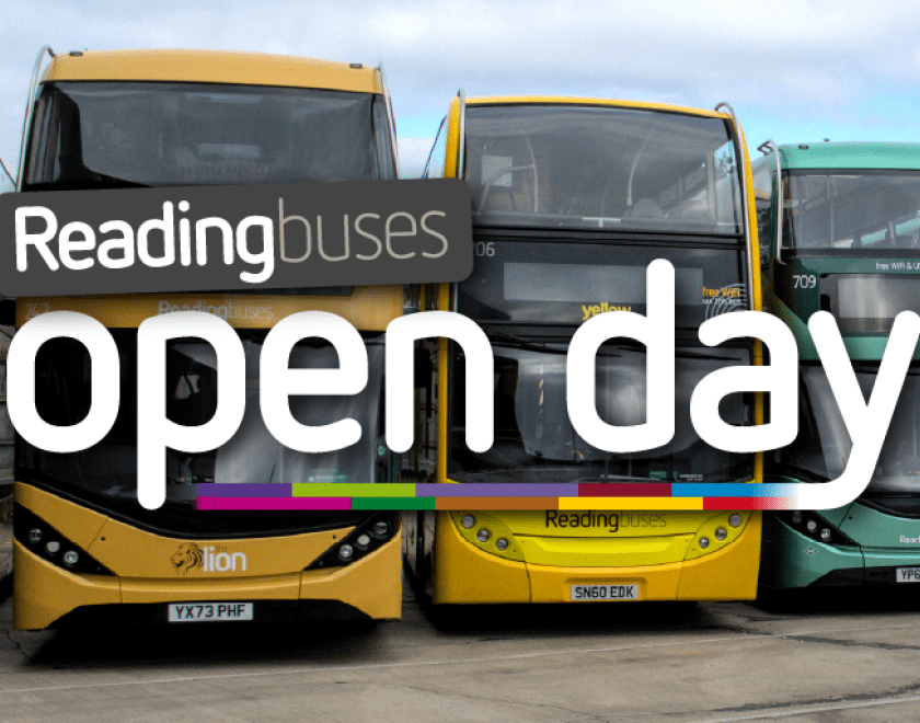 Different coloured Reading Buses lined-up