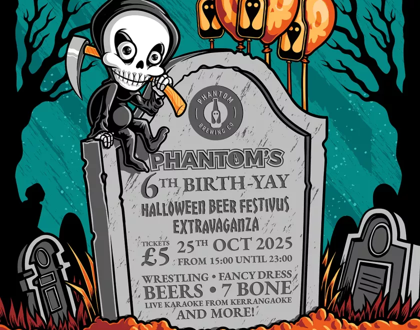 Poster featuring a cartoon grim reaper sitting on a gravestone detailing what's on at the event